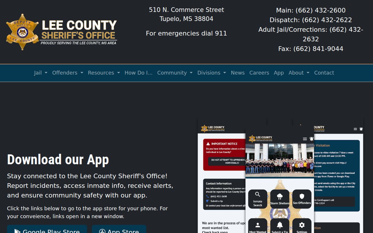 Lee County wanted fugitive information on the Sheriff app landing page